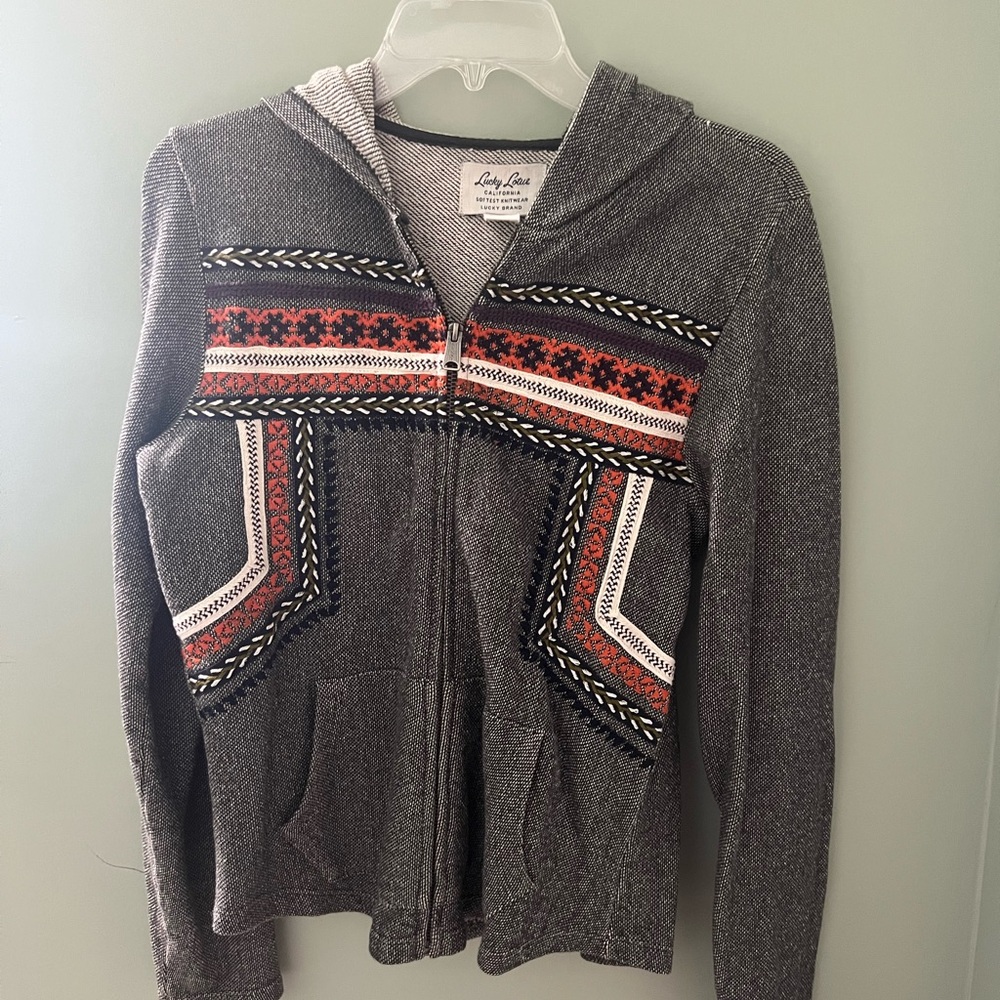 Lucky Lotus by Lucky Brand Gray Zip-Up Hoodie with Embroidery